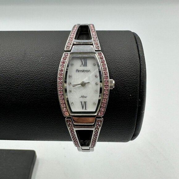 3/$30 Armitron Watch Women Silver Tone Pink Bling White Dial New Battery 7" - Picture 3 of 12